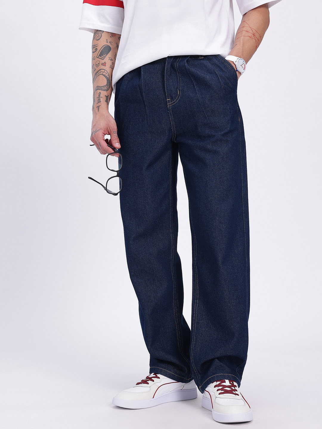 

glitchez Men Casual Comfort Loose Fit Pleated Jeans, Navy blue
