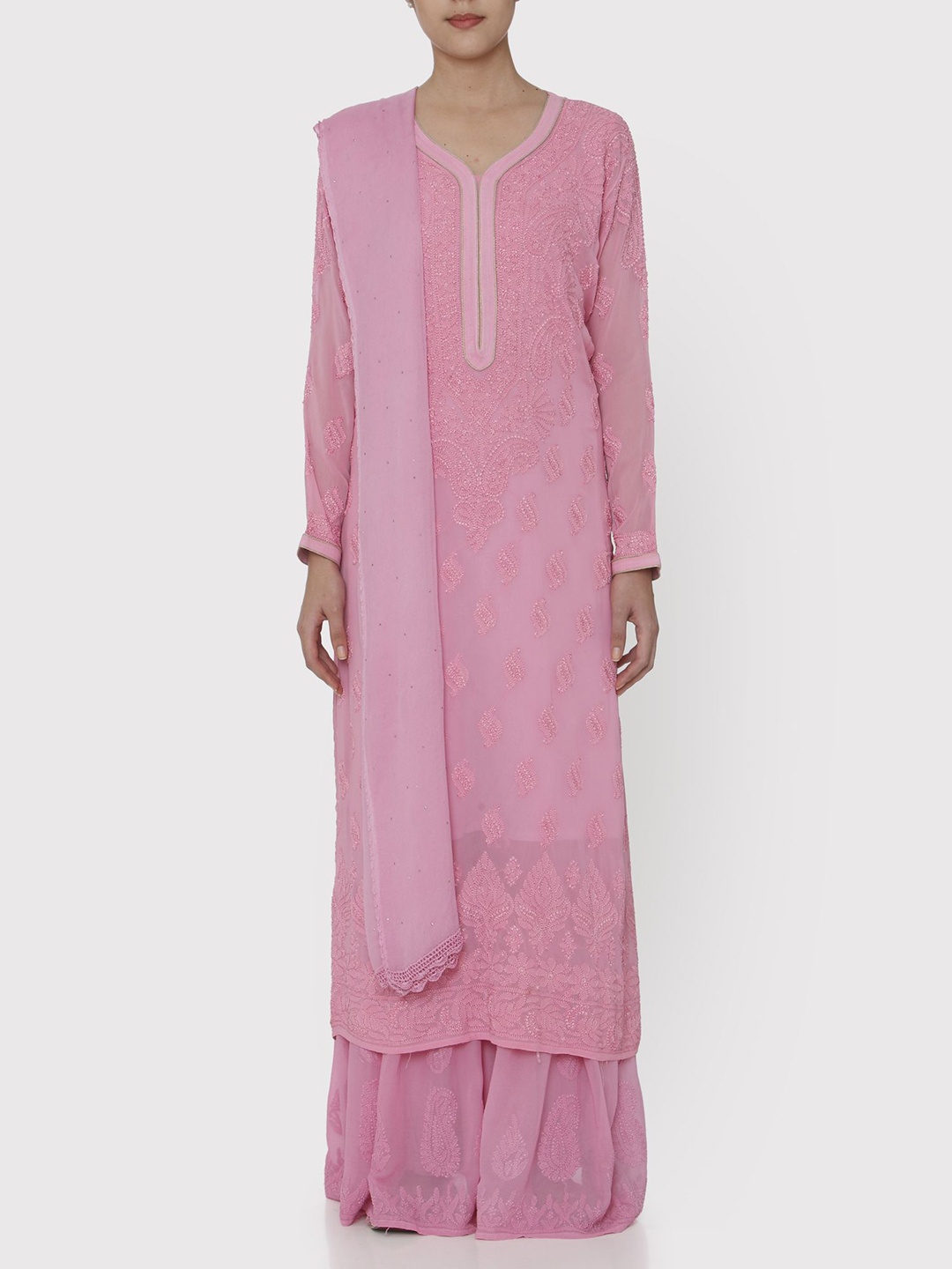 

SHADES OF FAASHION Embroidered Chikankari V- Neck Kurta with Sharara & Dupatta, Pink