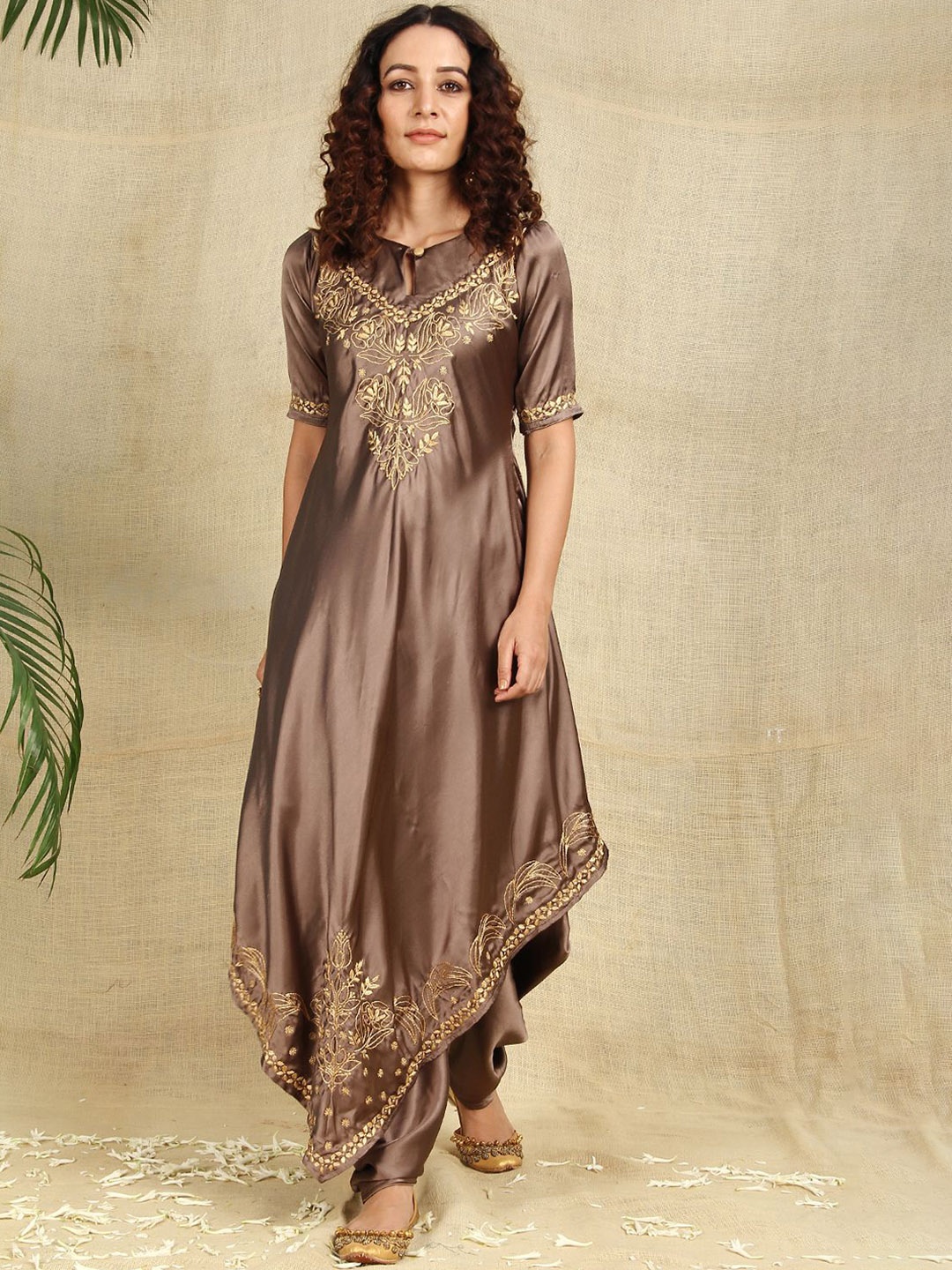 

SHADES OF FAASHION Ethnic Motifs Embroidered Keyhole Neck A-Line Kurta With Dhoti Pants, Brown