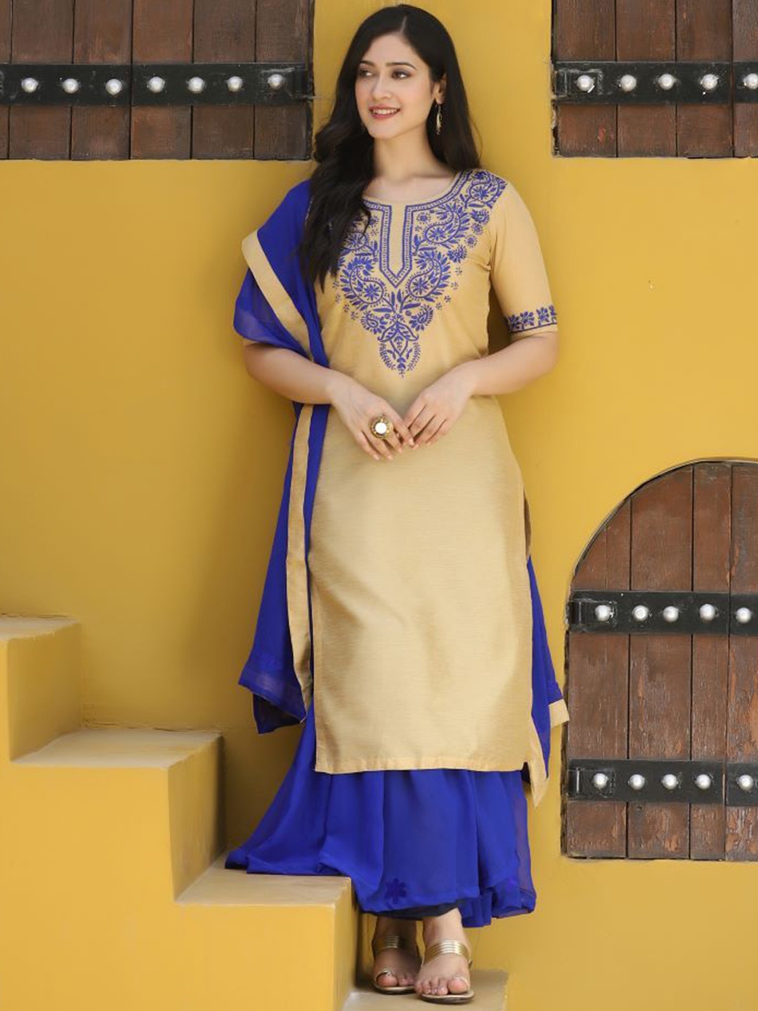 

SHADES OF FAASHION Paisley Embroidered Straight Pure Cotton Kurta With Sharara And Dupatta, Brown