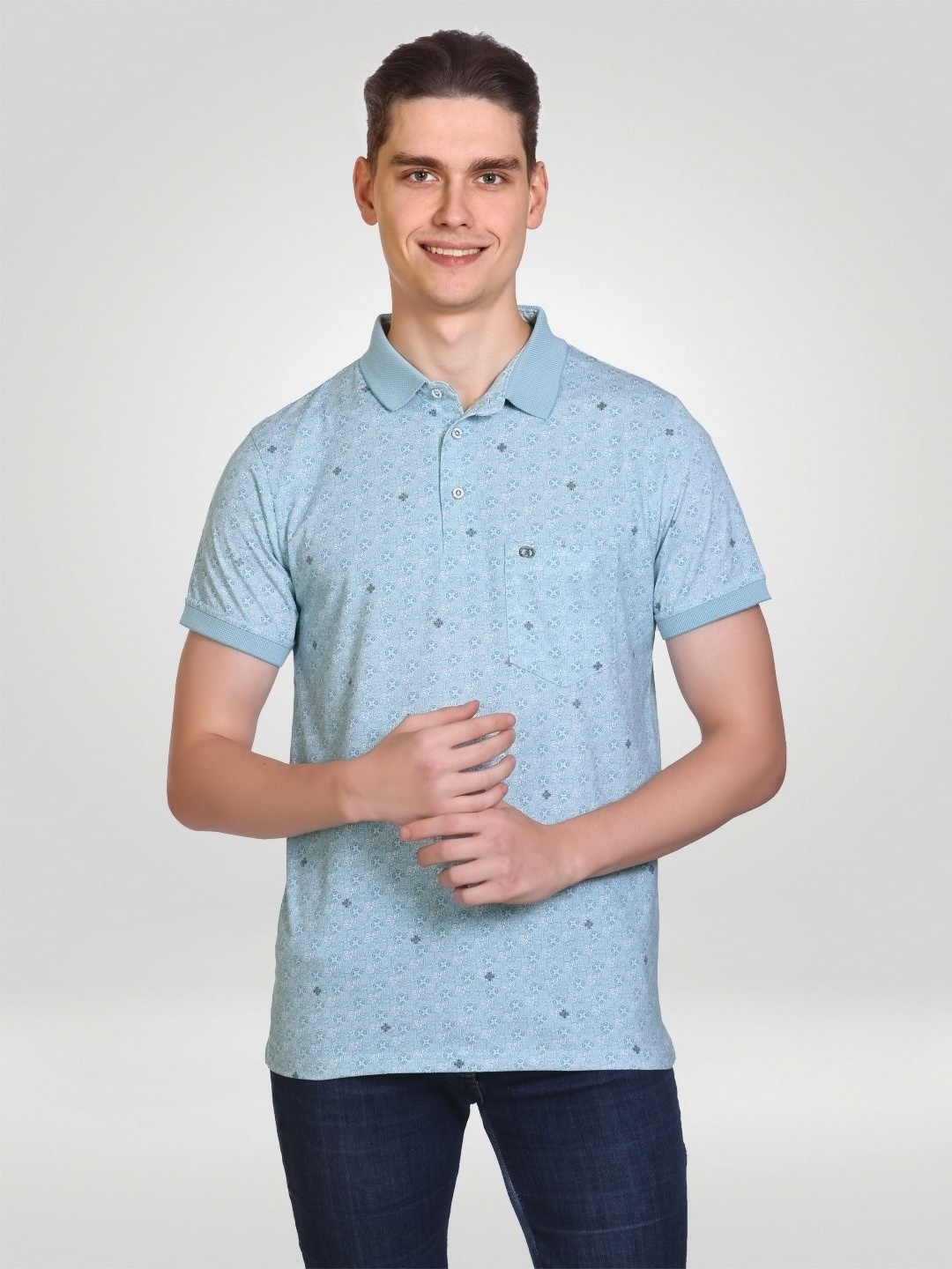 

ARRAY Men Floral Printed Polo Collar Cotton T-shirt, Blue