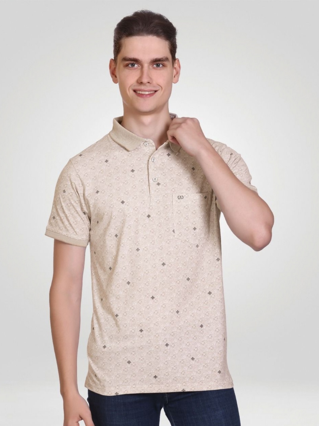 

ARRAY Men Floral Printed Polo Collar Cotton T-shirt, Beige