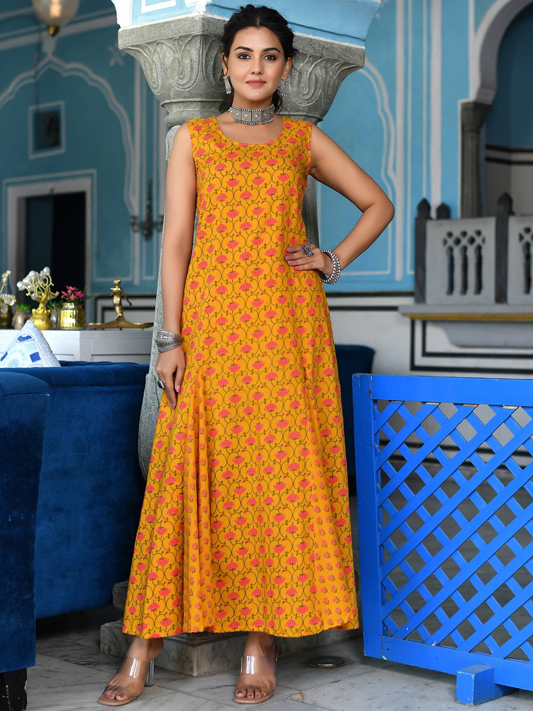 

Anastay Clothing Printed Cotton A-Line Maxi Ethnic Dress, Mustard