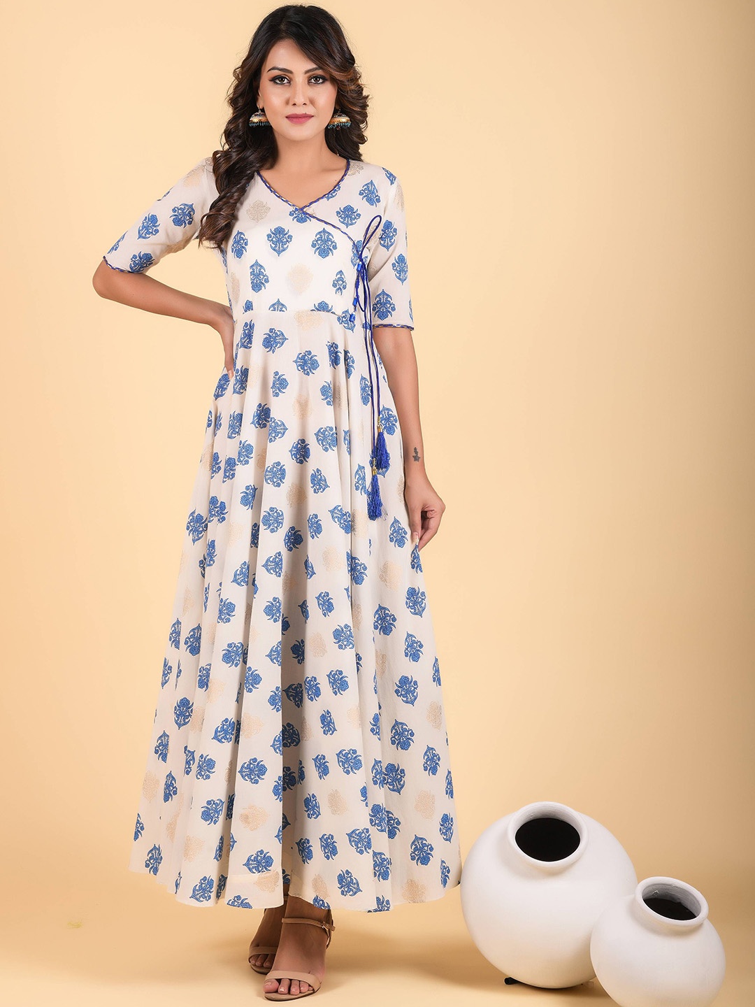 

Anastay Clothing Printed Pure Cotton Empire Ethnic Dress, Off white