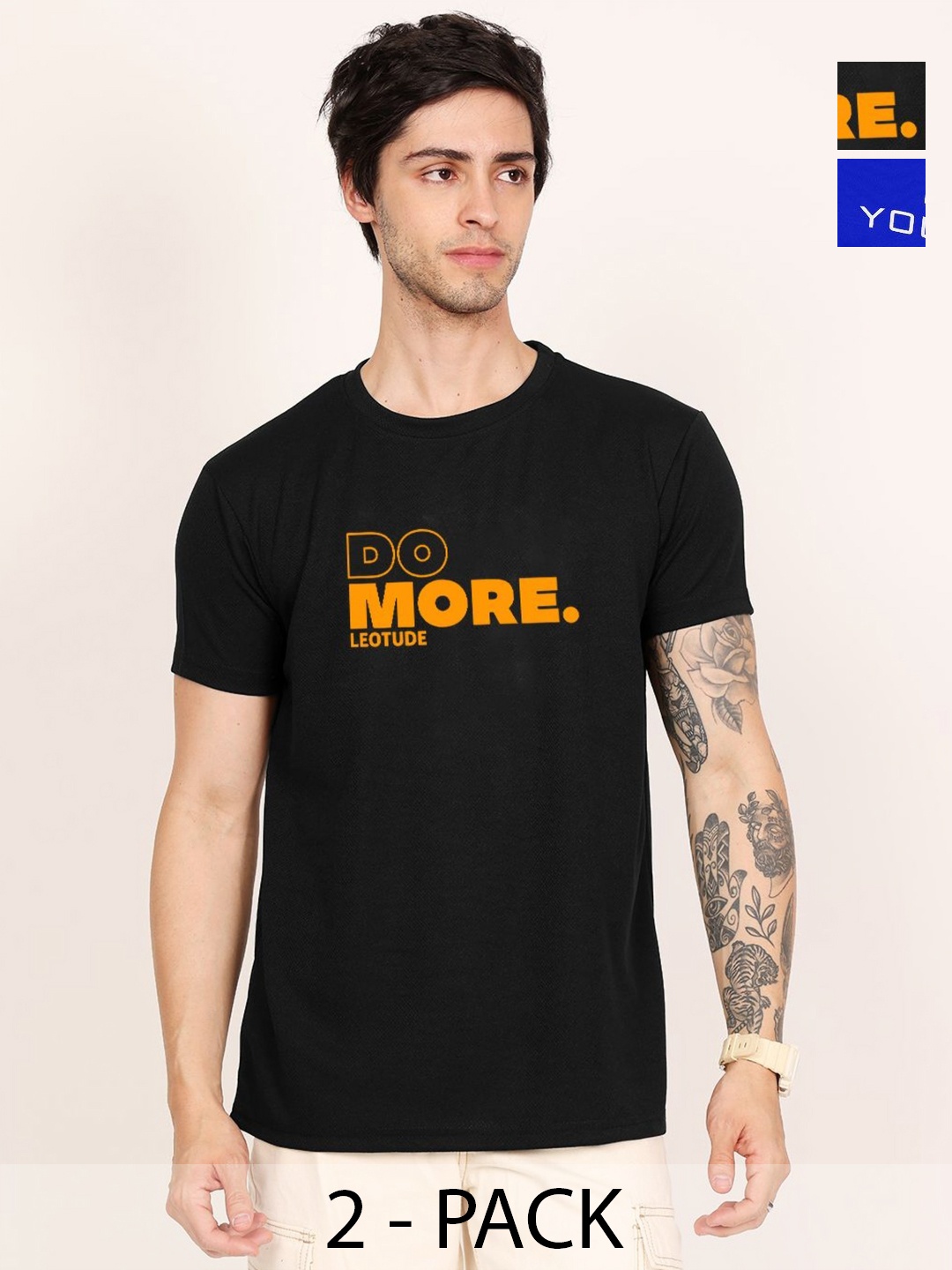 

Leotude Men Pack Of 2 Typography Printed Round Neck T-shirts, Black