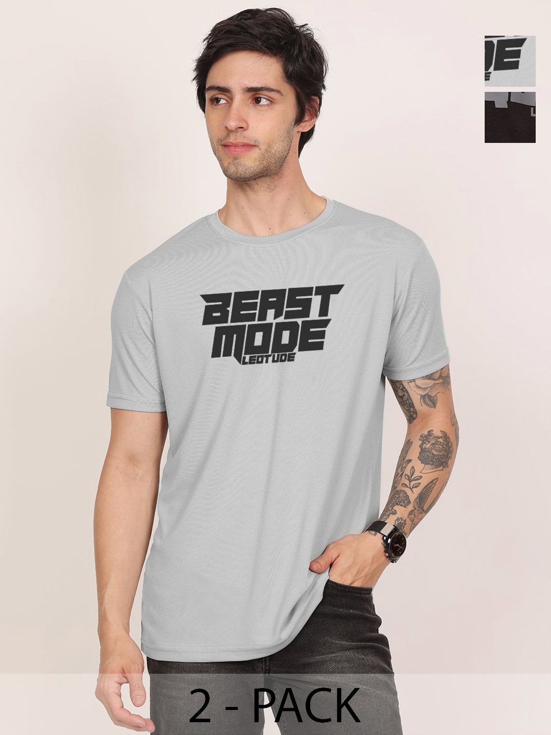 

Leotude Men Pack Of 2 Typography Printed Round Neck Oversized T-shirts, Grey