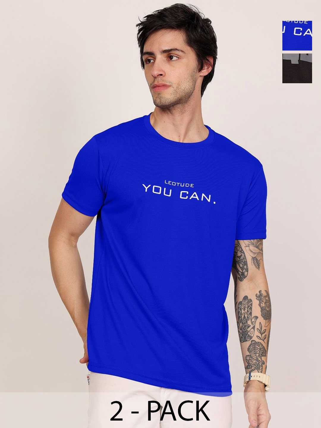 

Leotude Men Pack Of 2 Typography Printed Round Neck Oversized T-shirts, Blue