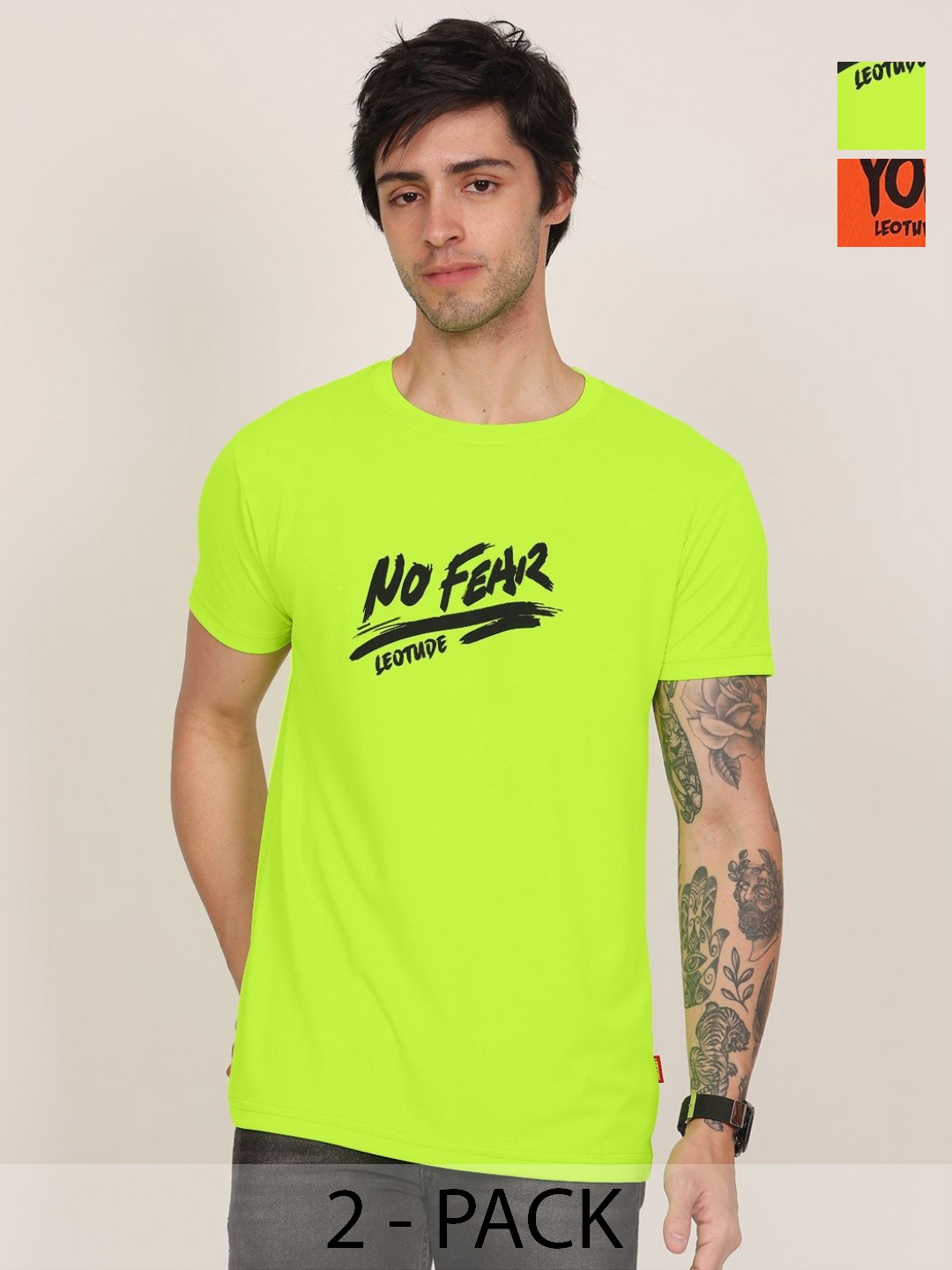

Leotude Men Pack Of 2 Typography Printed Round Neck Slim Fit T-shirts, Lime green