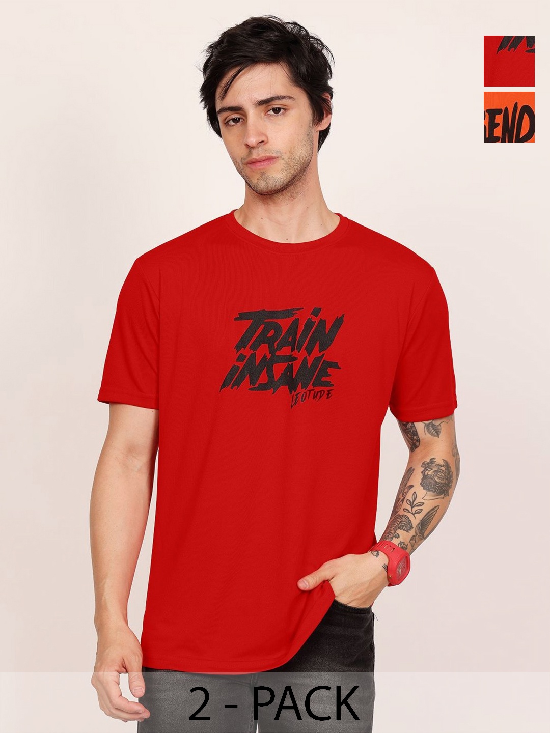 

Leotude Men Pack Of 2 Typography Printed Round Neck Oversized T-shirts, Red