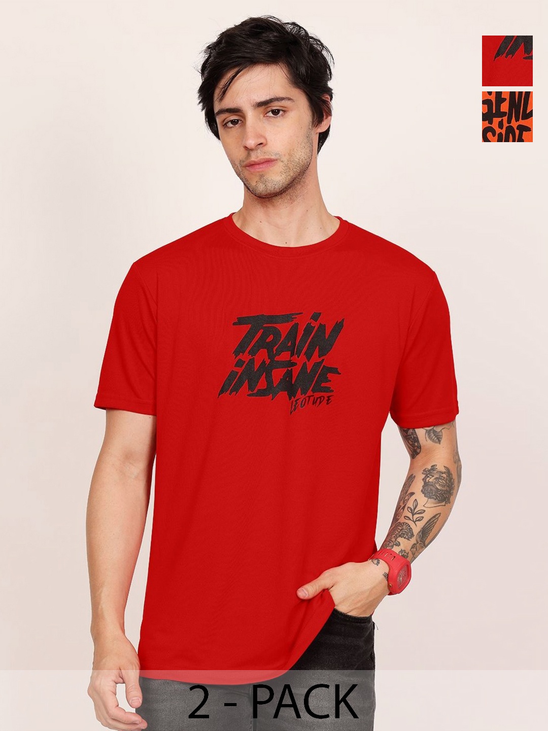 

Leotude Men Pack Of 2 Typography Printed Round Neck Oversized T-shirts, Red