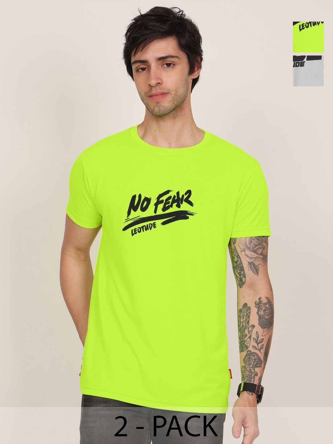 

Leotude Men Pack Of 2 Typography Printed Round Neck Oversized T-shirts, Lime green