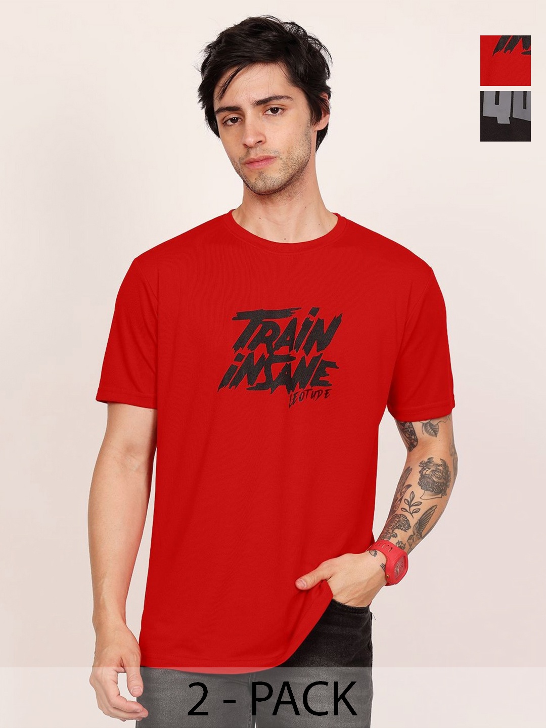 

Leotude Men Pack Of 2 Typography Printed Round Neck Slim Fit T-shirts, Red