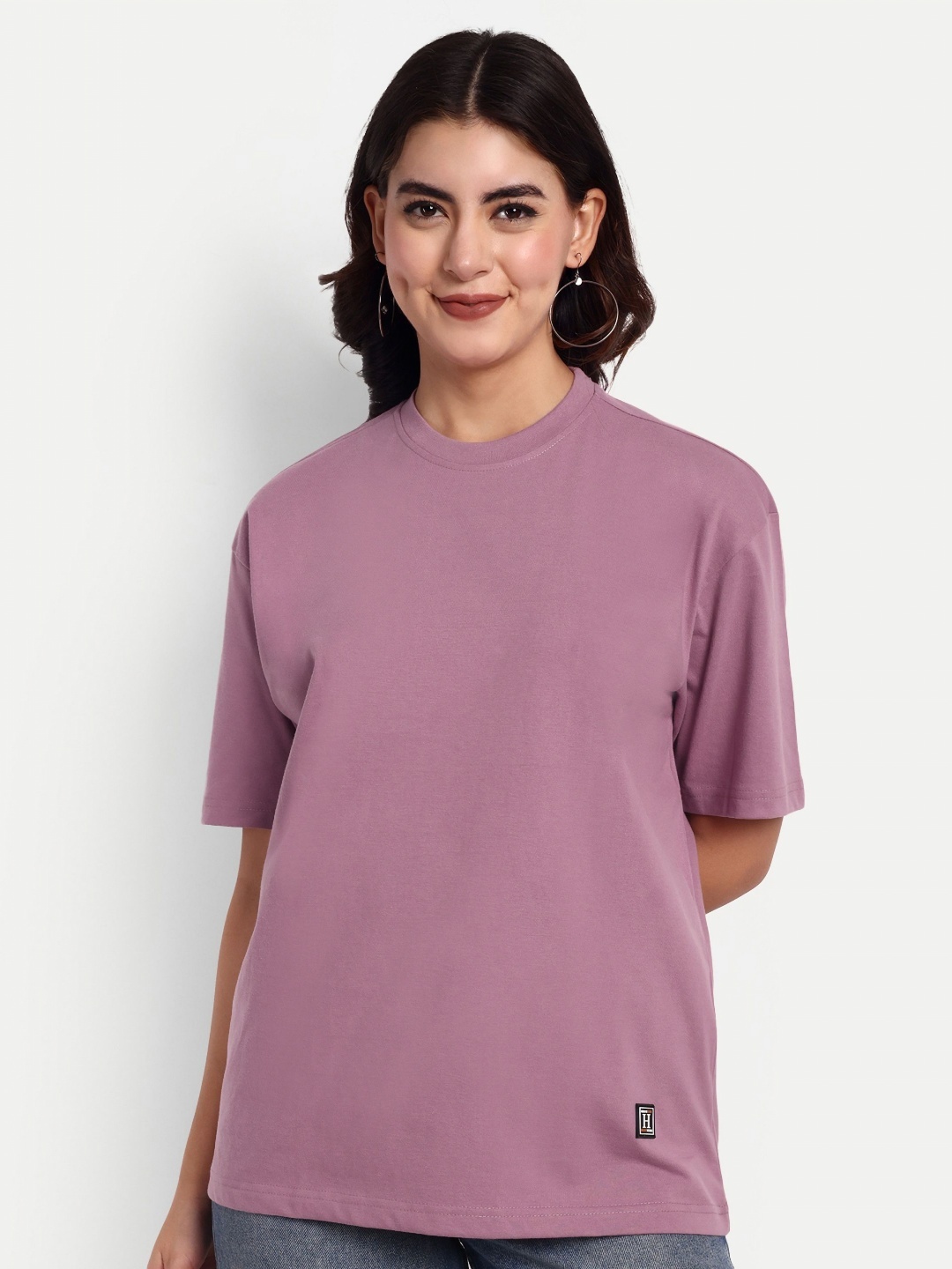 

HEATHEX Women Solid Round Neck Cotton Oversized T-shirt, Pink
