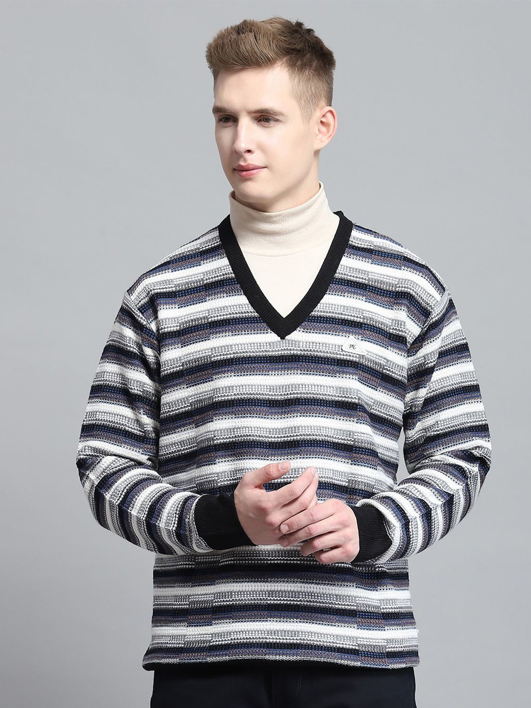 

Monte Carlo Men Striped Woollen Pullover, Black
