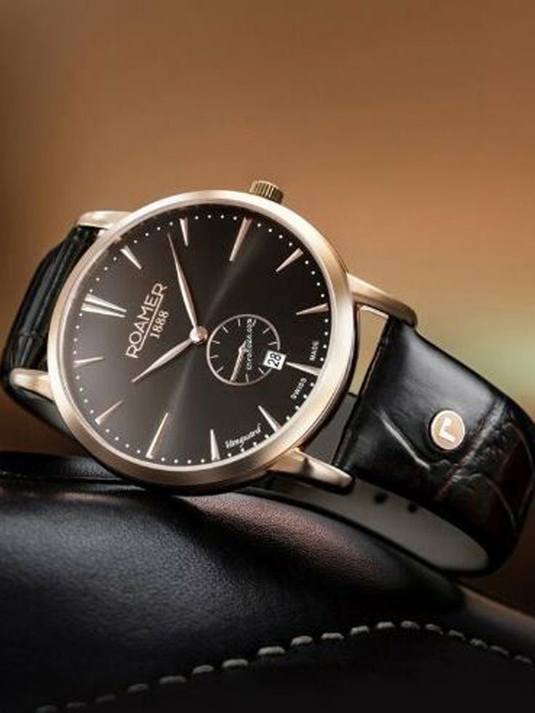 

ROAMER Men Brass Dial & Leather Straps Analogue Watch 980812 49 55 09, Black