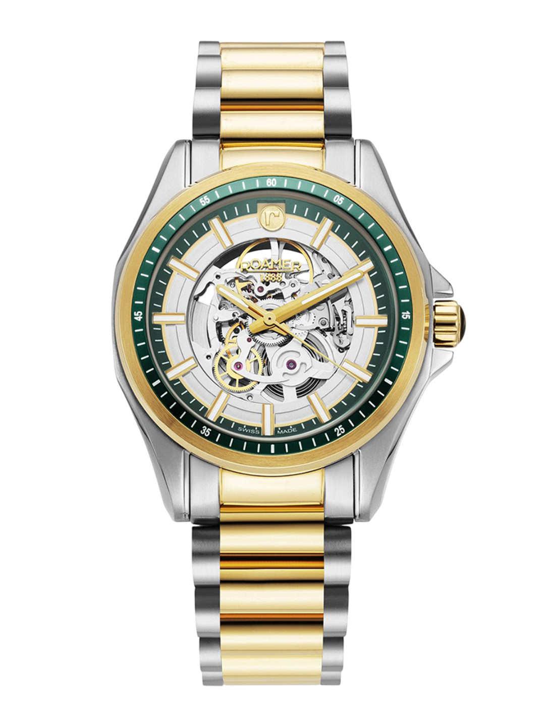 

ROAMER Men Brass Dial & Stainless Steel Bracelet Style Straps Analogue Motion Powered Watch 220984 48 75 20, Green