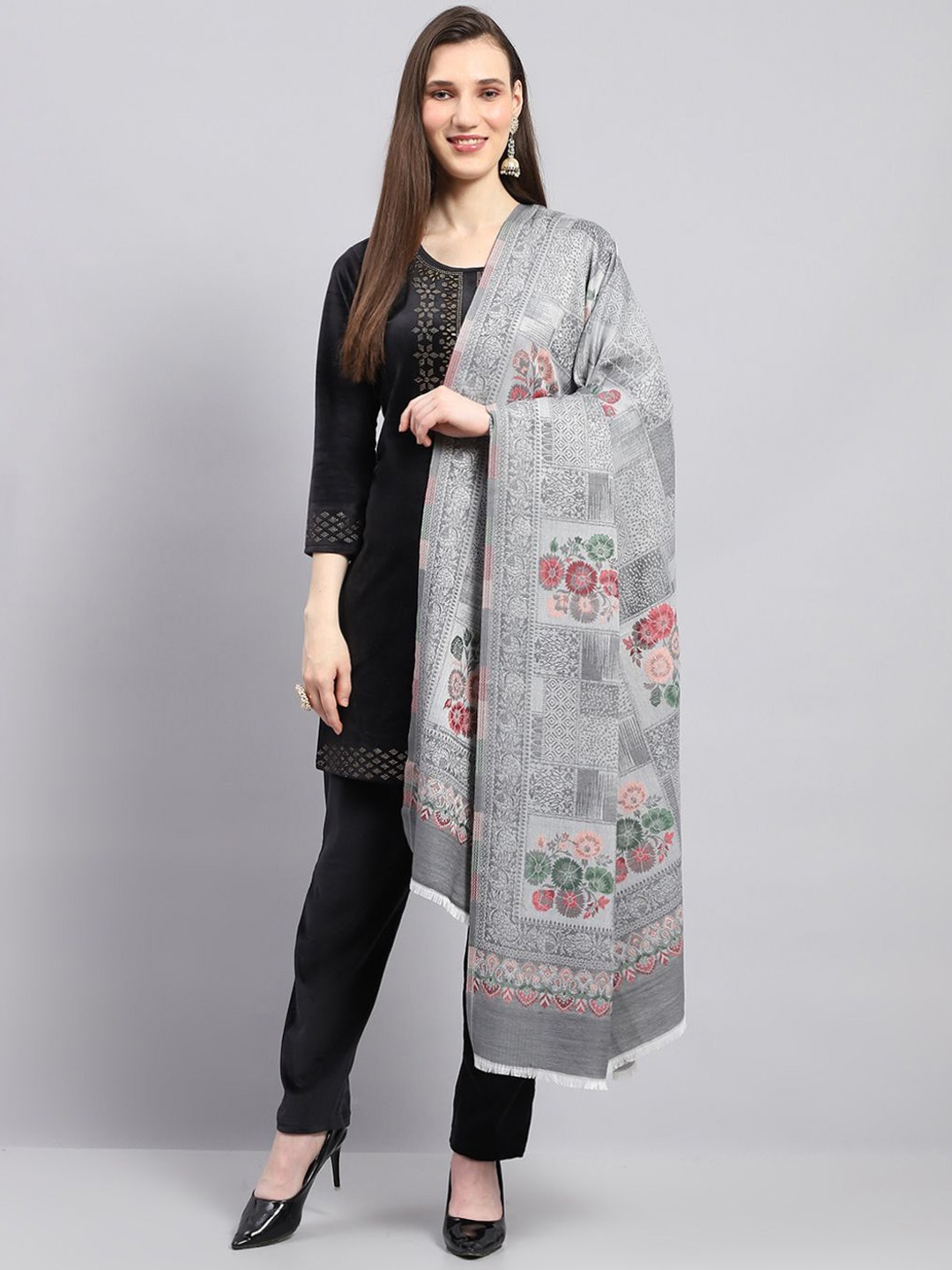 

Monte Carlo Women Floral Woven Design Acrylic Shawl, Grey