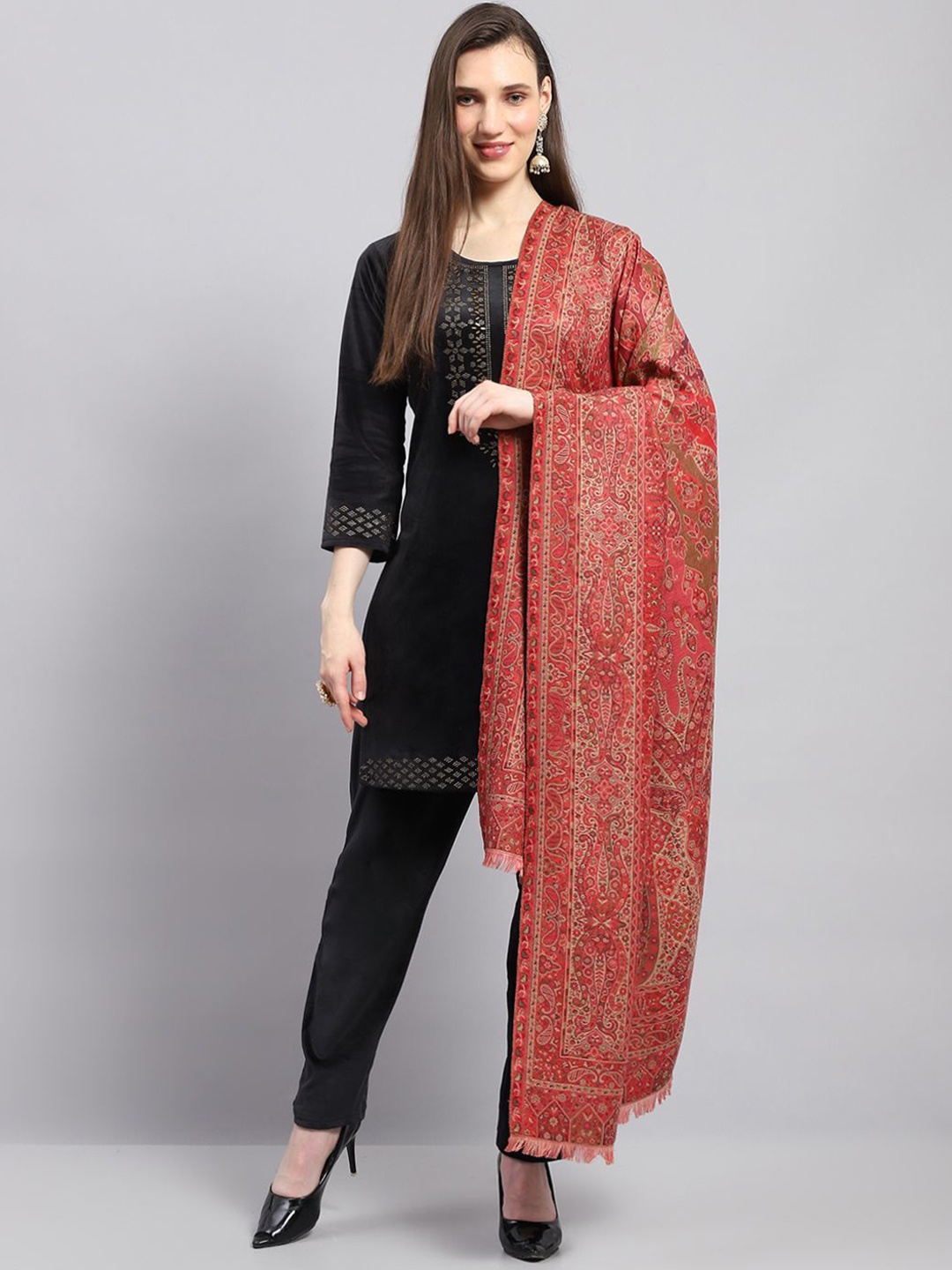 

Monte Carlo Paisley Woven Design Fringed Shawl, Red