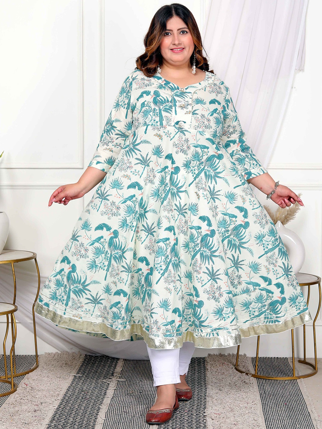 MIRAVAN Plus Size Floral Printed Gotta Patti Work Pure Cotton Anarkali Kurta, Green