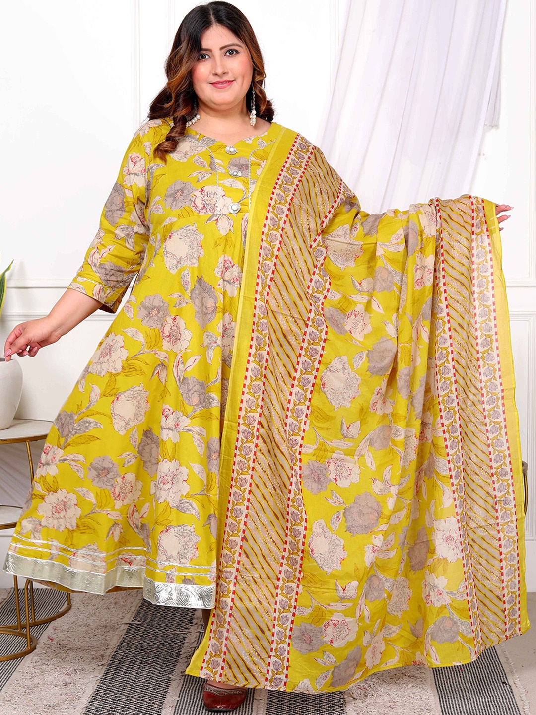 

MIRAVAN Plus Size Floral Printed Gotta Patti Work Pure Cotton Anarkali Kurta with Dupatta, Yellow