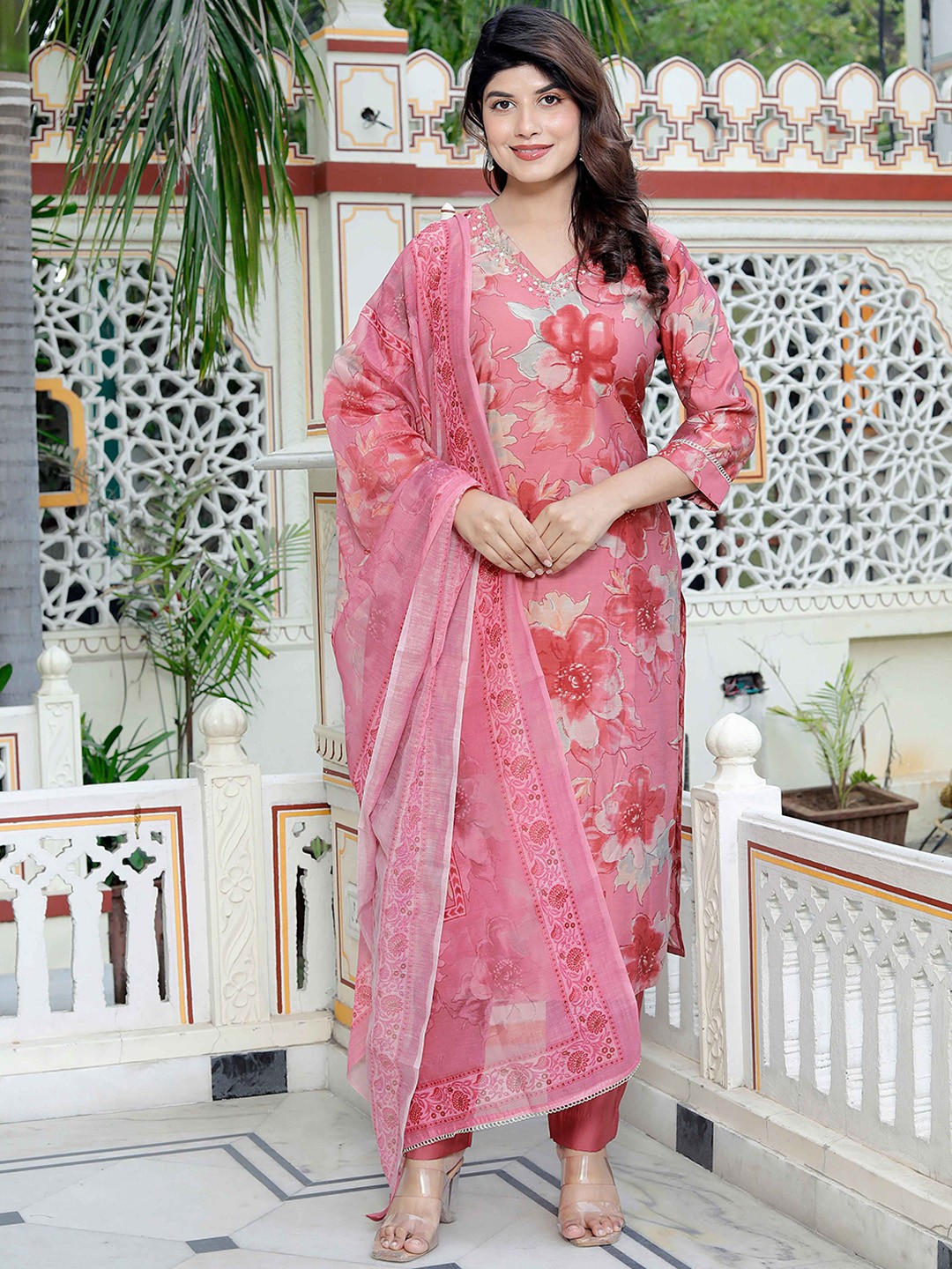 

MIRAVAN Floral Printed V-Neck Beaded Straight Kurta With Trouser And Dupatta, Pink