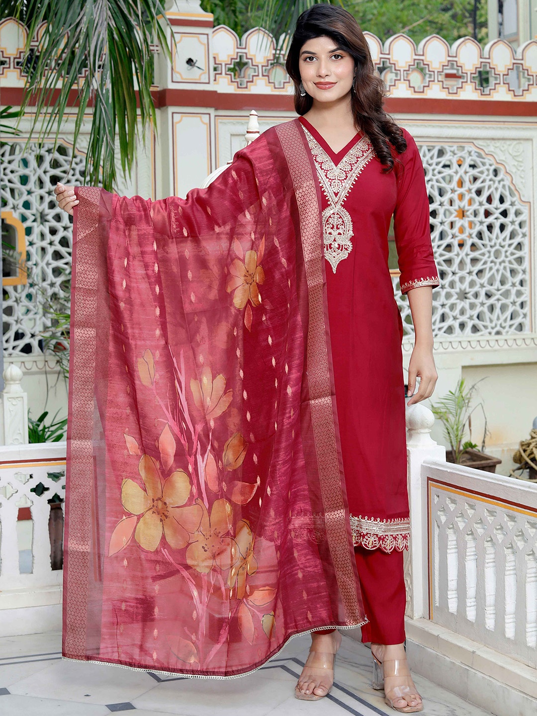 

MIRAVAN Ethnic Motifs Embroidered Zari Pure Silk Straight Kurta With Trouser And Dupatta, Red