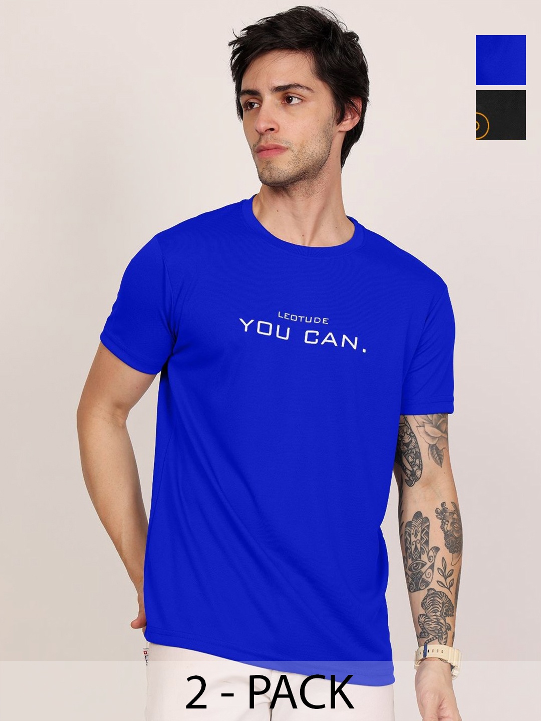

Leotude Men Pack Of 2 Typography Printed Round Neck Slim Fit T-shirts, Blue