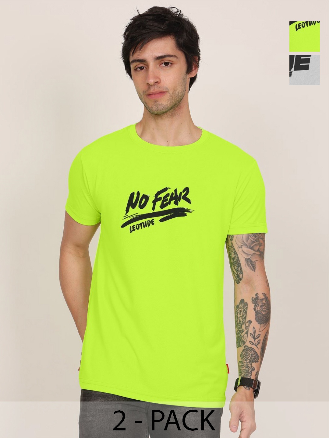 

Leotude Men Pack Of 2 Typography Printed Round Neck Oversized T-shirts, Lime green