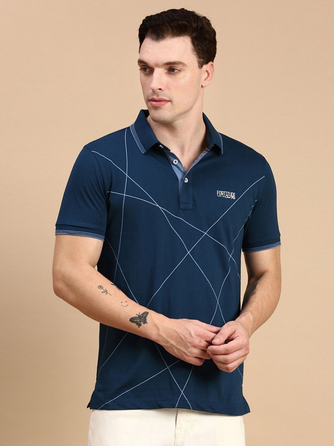 

Classic Polo Men Geometric Printed Polo Collar Cotton Slim Fit T-shirt, Blue