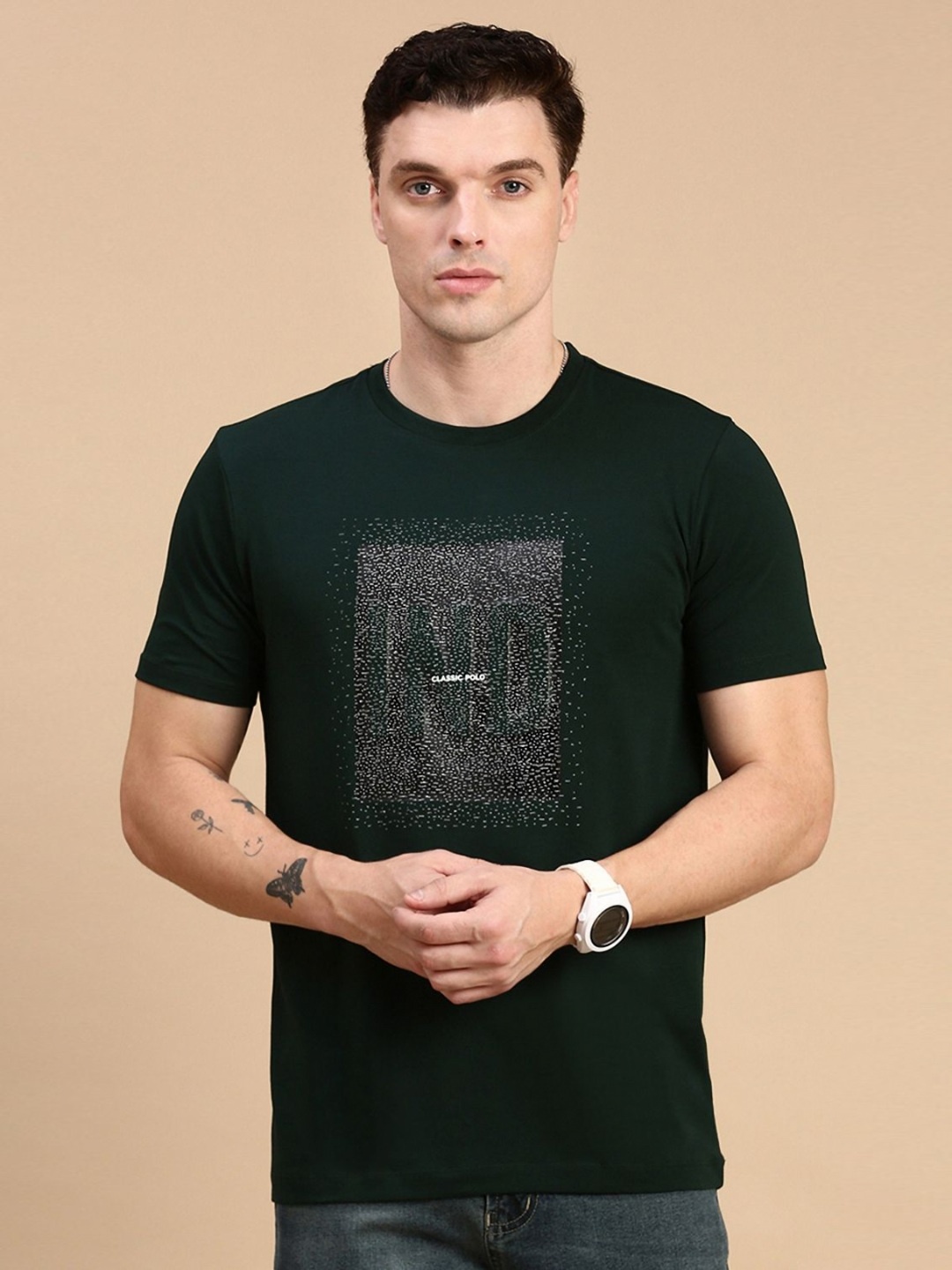 Classic Polo Men Abstract Printed Round Neck Cotton Slim Fit T-shirt, Green