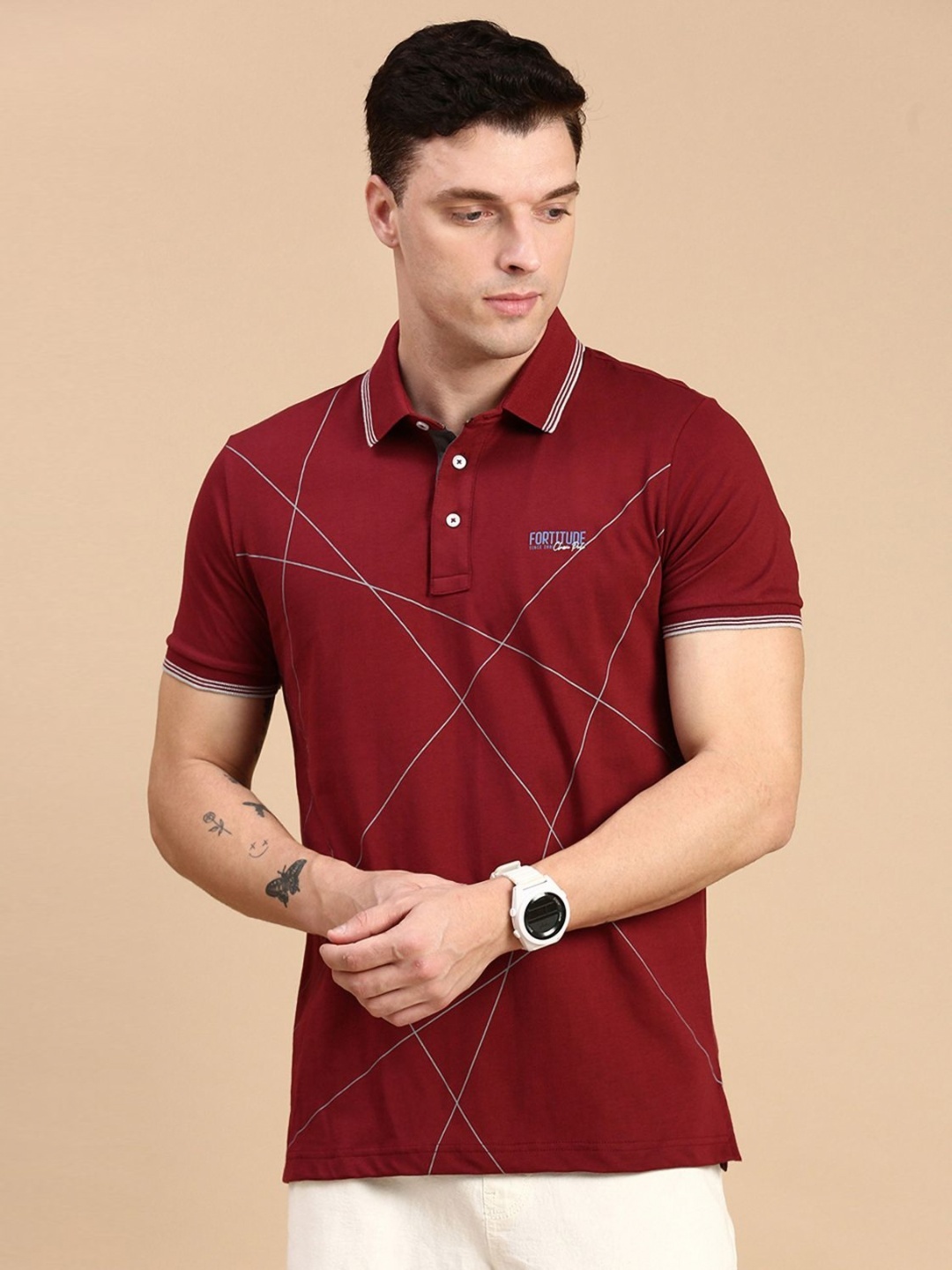 

Classic Polo Men Geometric Printed Polo Collar Cotton Slim Fit T-shirt, Burgundy