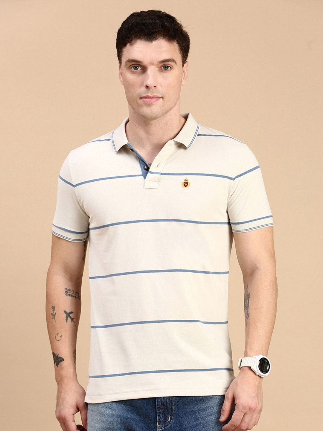 

Classic Polo Men Striped Polo Collar Cotton Slim Fit T-shirt, Beige