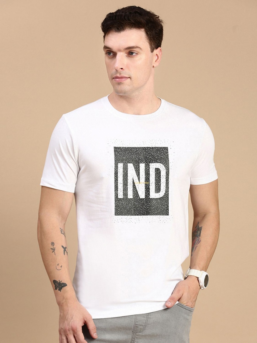 

Classic Polo Men Typography Printed Round Neck Cotton Slim Fit T-shirt, White
