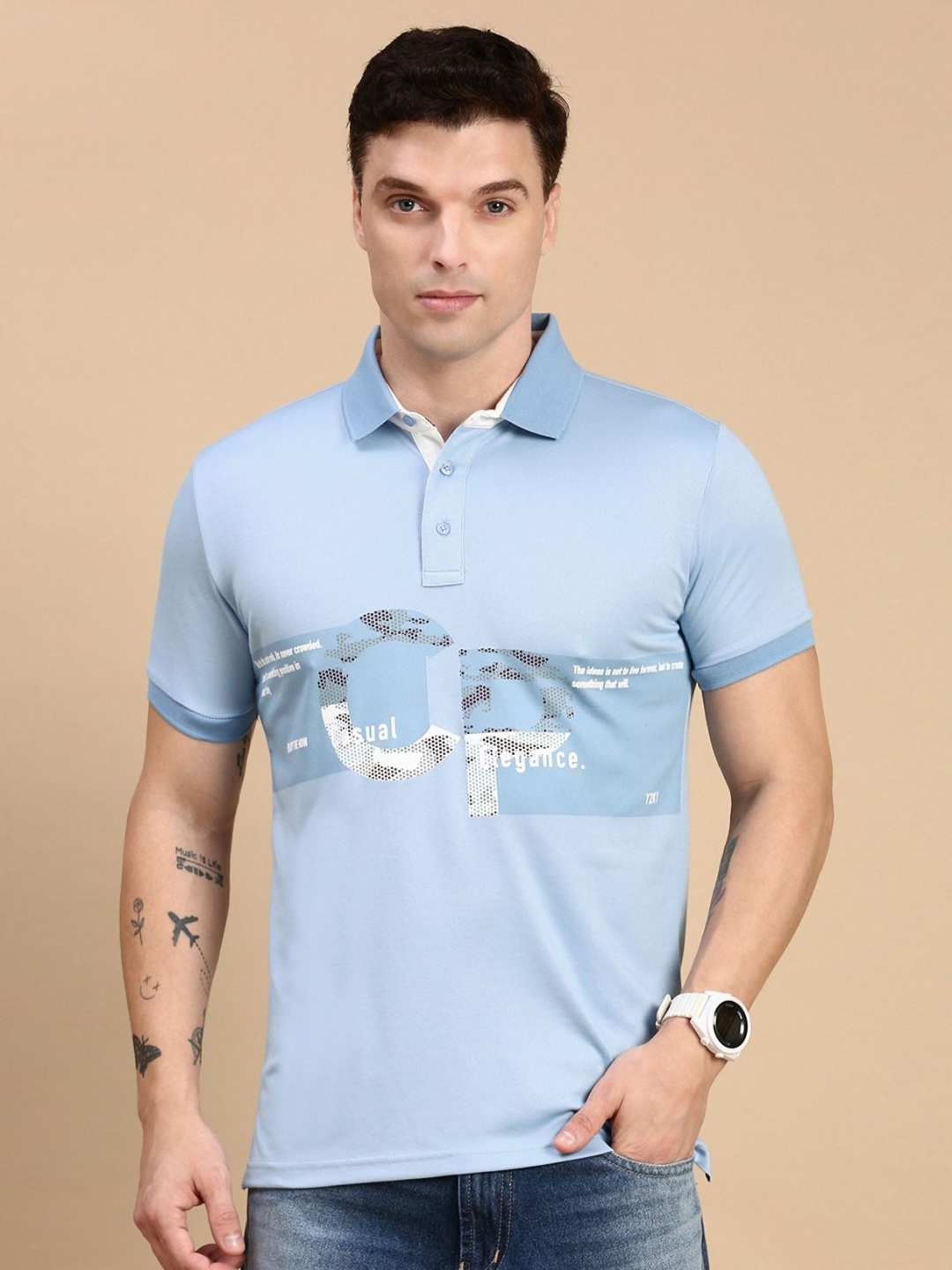 

Classic Polo Men Typography Printed Polo Collar Cotton Slim Fit T-shirt, Blue