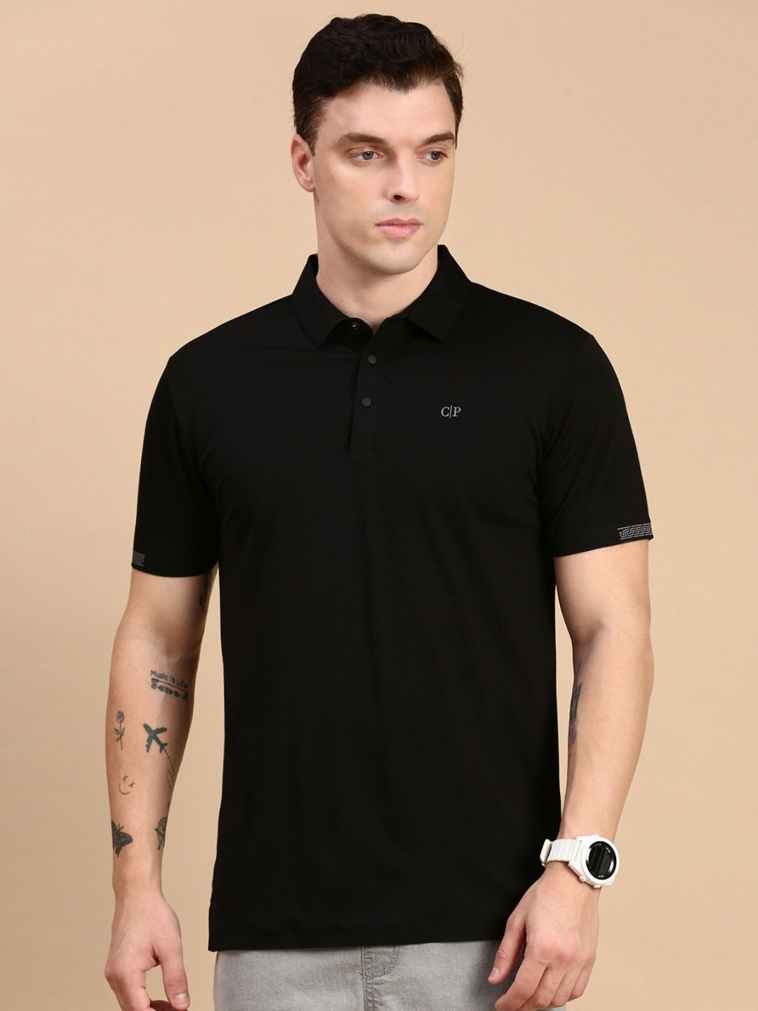 

Classic Polo Men Solid Polo Collar Cotton Slim Fit T-shirt, Black