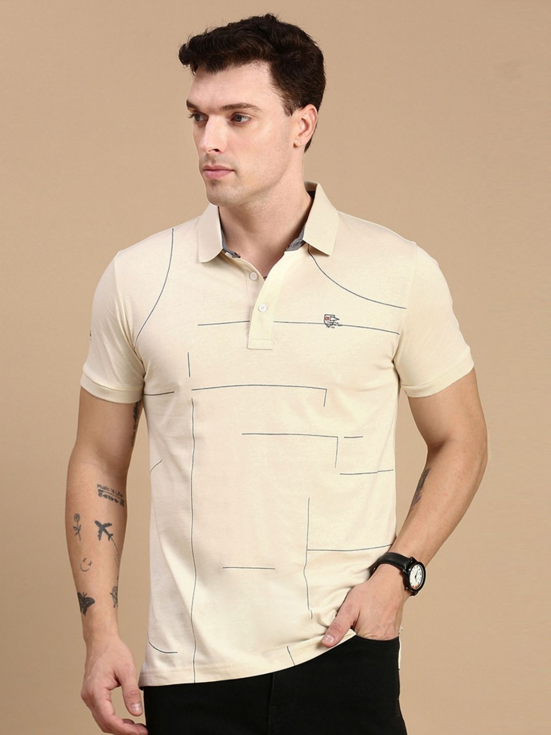 

Classic Polo Men Striped Polo Collar Cotton Slim Fit T-shirt, Beige