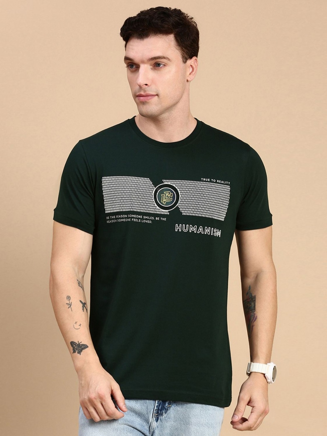 

Classic Polo Men Typography Printed Round Neck Cotton Slim Fit T-shirt, Green