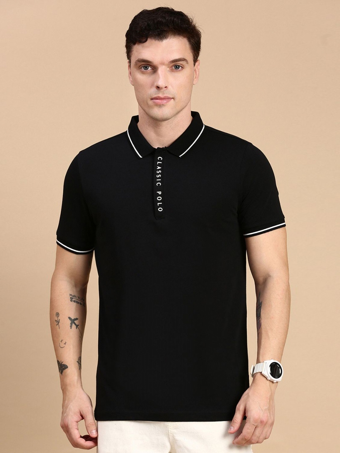 

Classic Polo Men Solid Polo Collar Cotton Slim Fit T-shirt, Black