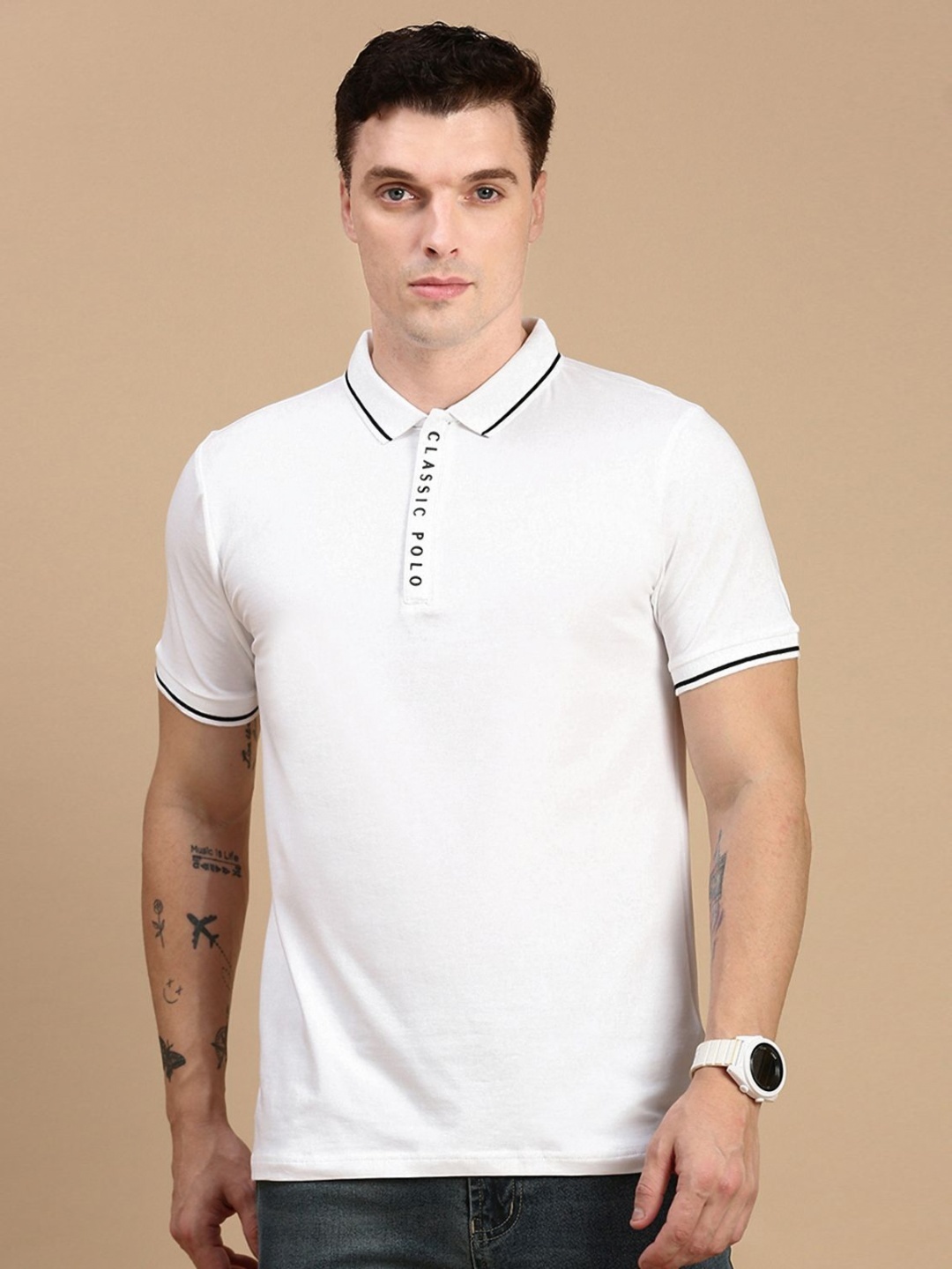 

Classic Polo Men Solid Polo Collar Cotton Slim Fit T-shirt, White