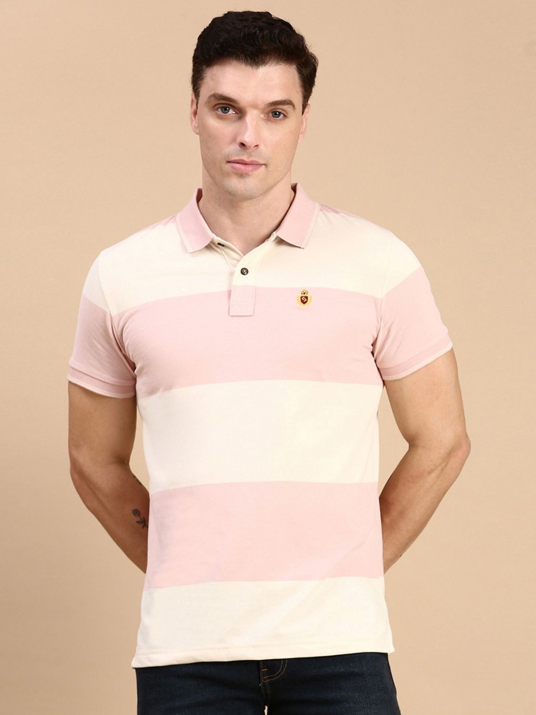 

Classic Polo Men Striped Polo Collar Cotton Slim Fit T-shirt, Beige