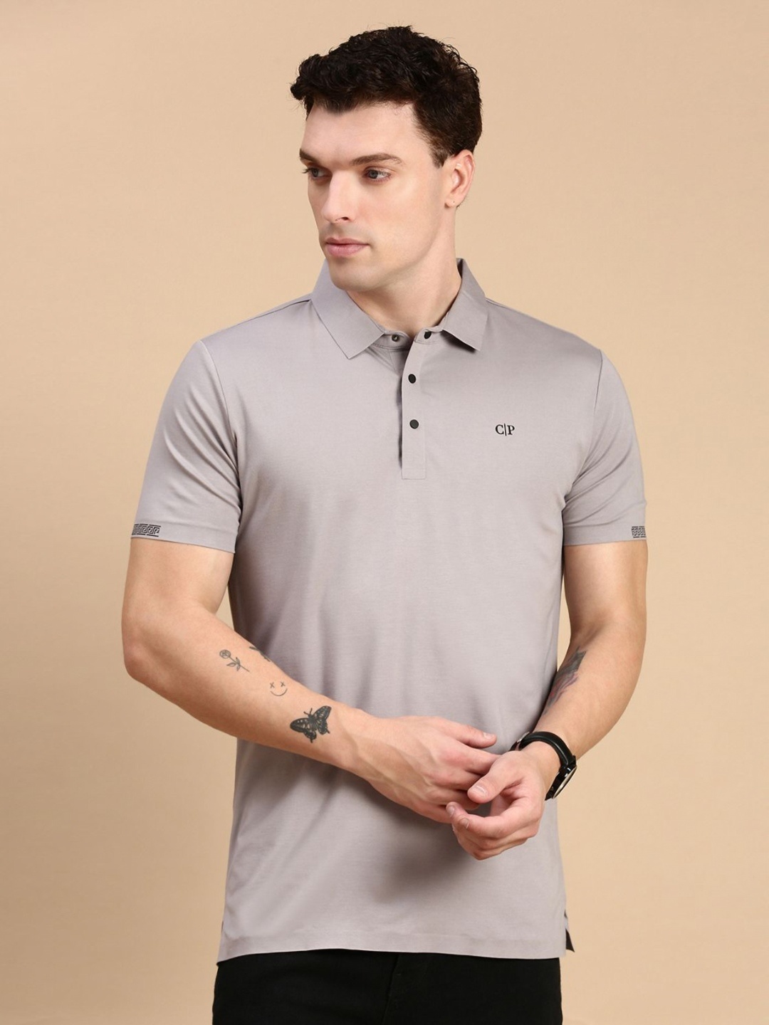 

Classic Polo Men Solid Polo Collar Cotton Slim Fit T-shirt, Grey