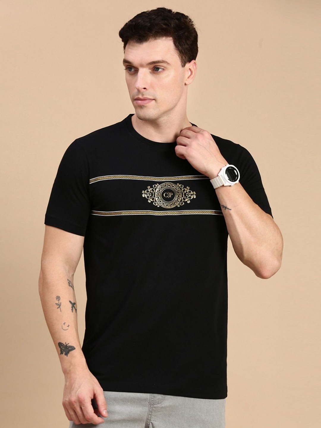 

Classic Polo Men Striped Round Neck Cotton Slim Fit T-shirt, Black