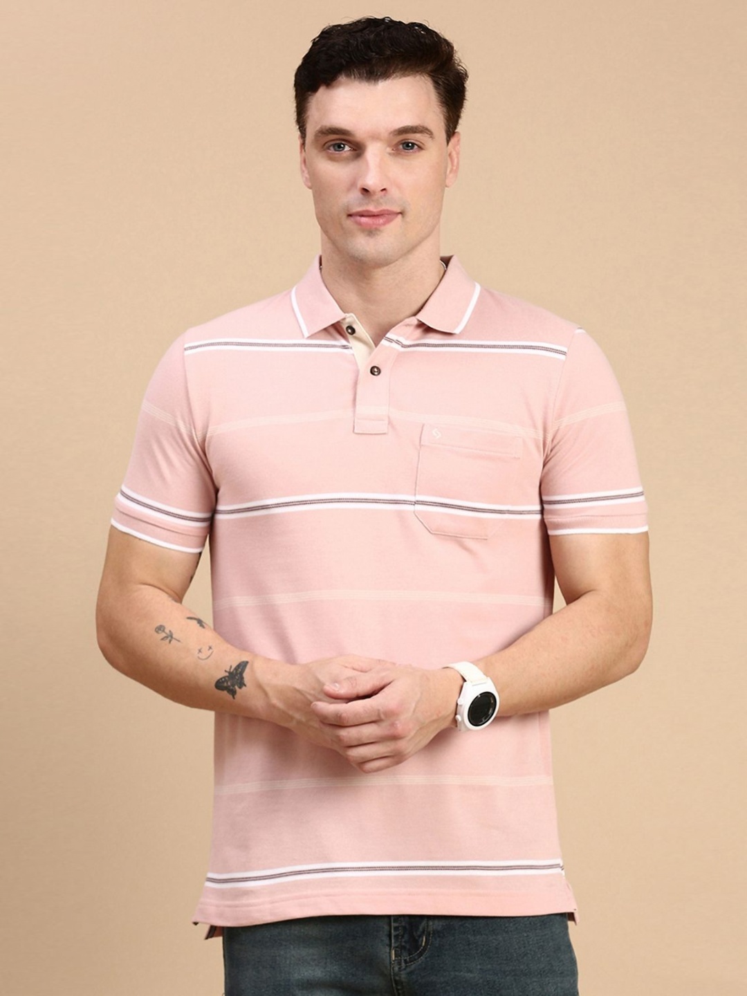 

Classic Polo Men Striped Polo Collar Cotton Slim Fit T-shirt, Pink