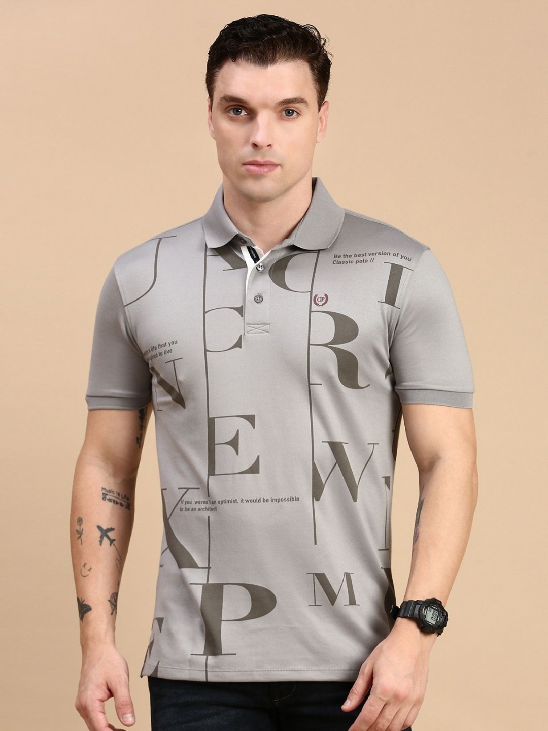 

Classic Polo Men Typography Printed Polo Collar Cotton Slim Fit T-shirt, Grey