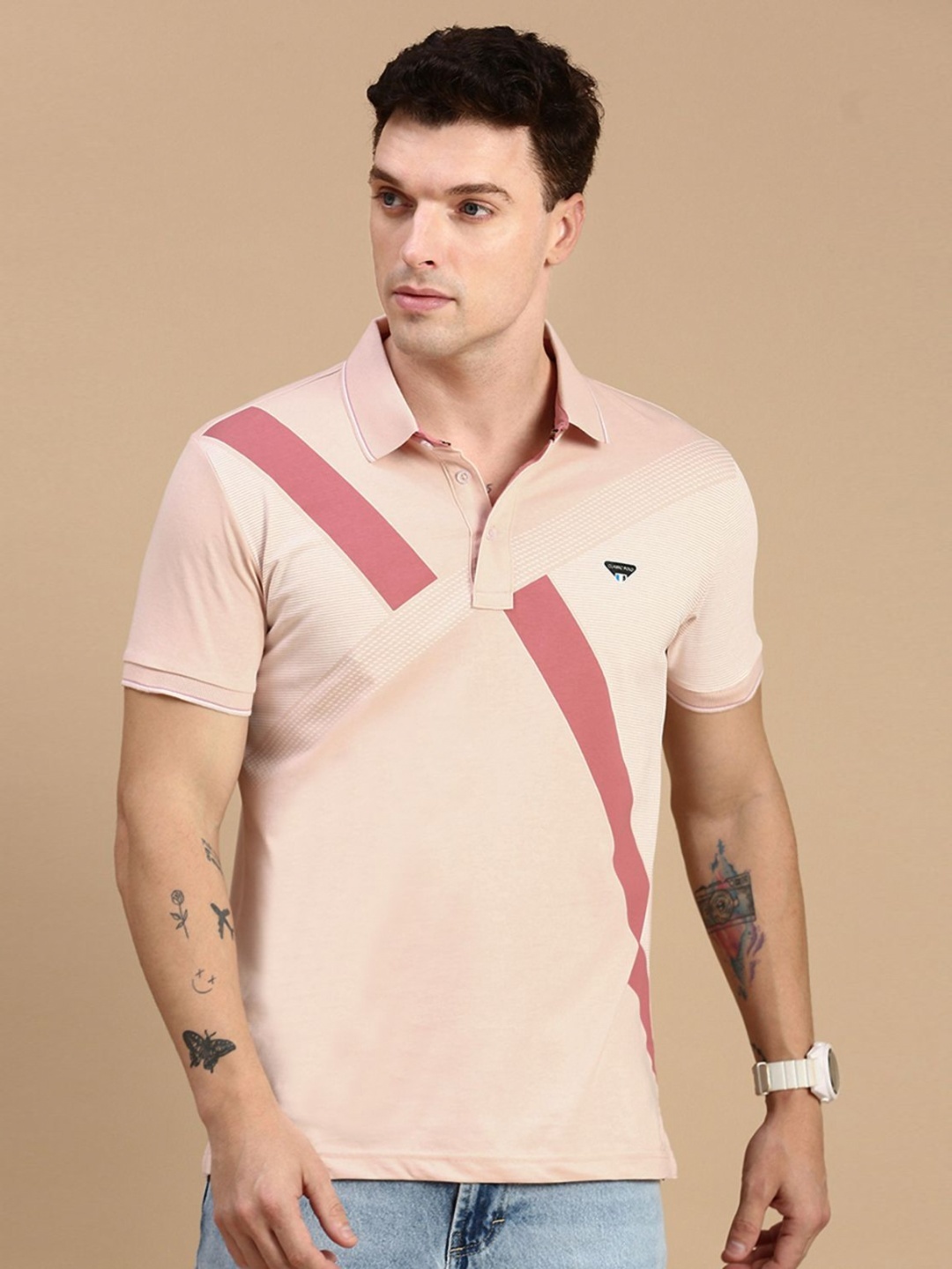 

Classic Polo Men Striped Polo Collar Cotton Slim Fit T-shirt, Peach