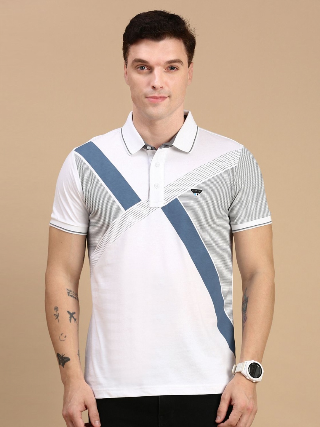 

Classic Polo Men Striped Polo Collar Cotton Slim Fit T-shirt, White