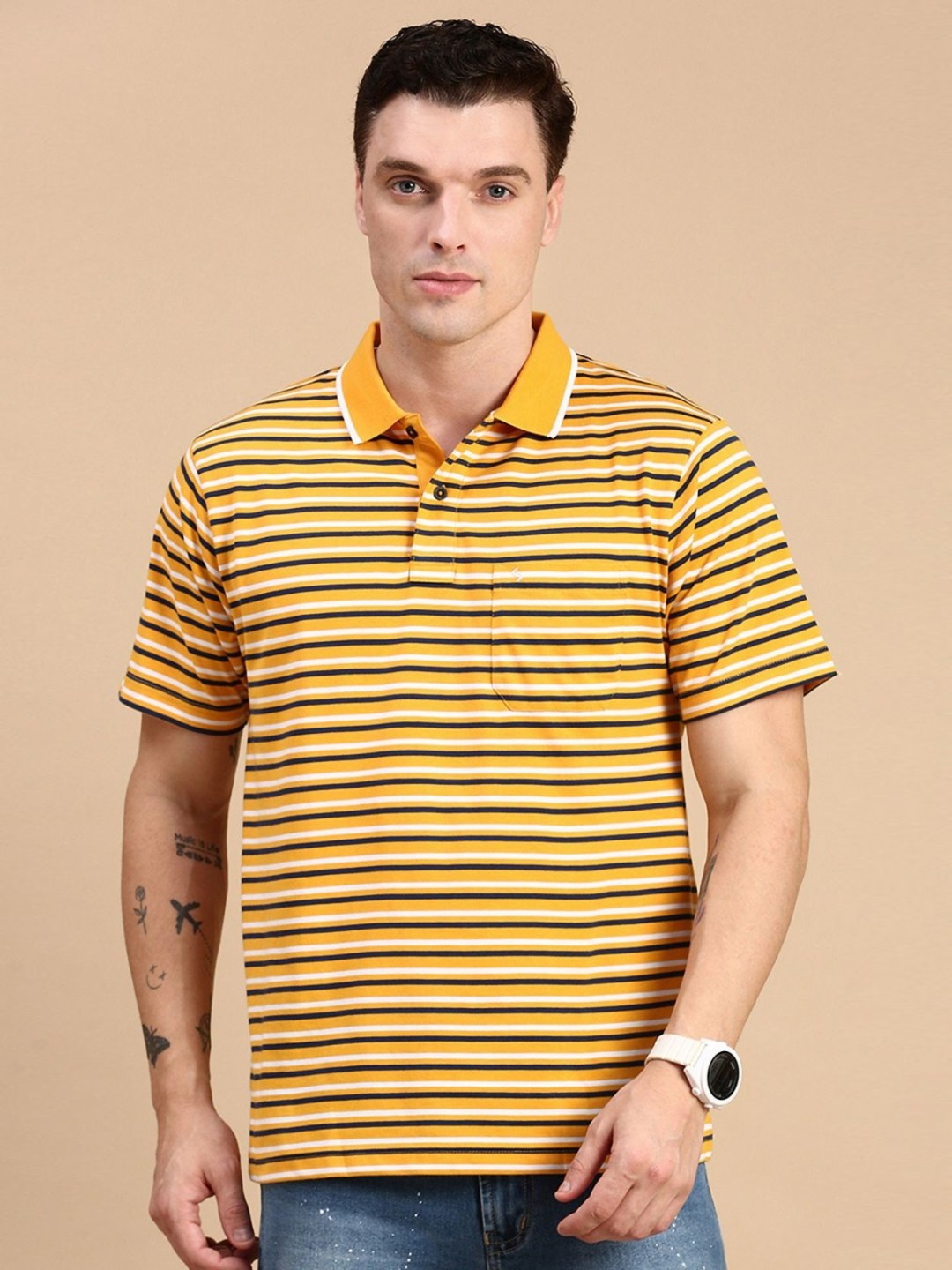 

Classic Polo Men Striped Polo Collar Cotton T-shirt, Yellow