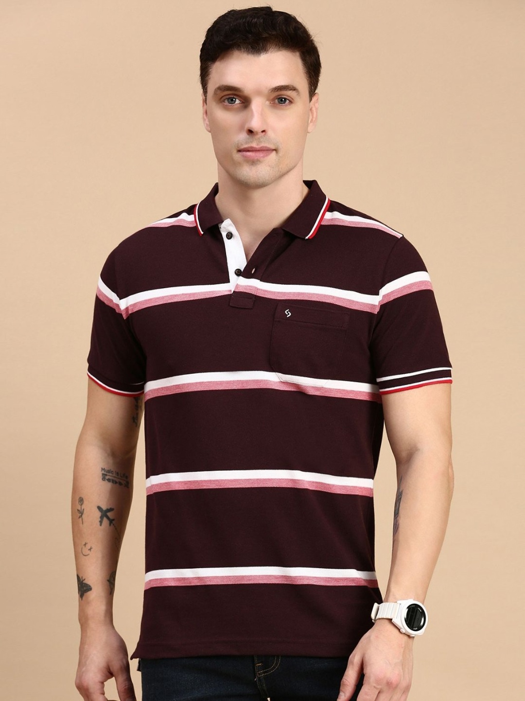 

Classic Polo Men Striped Polo Collar Cotton Slim Fit T-shirt, Burgundy