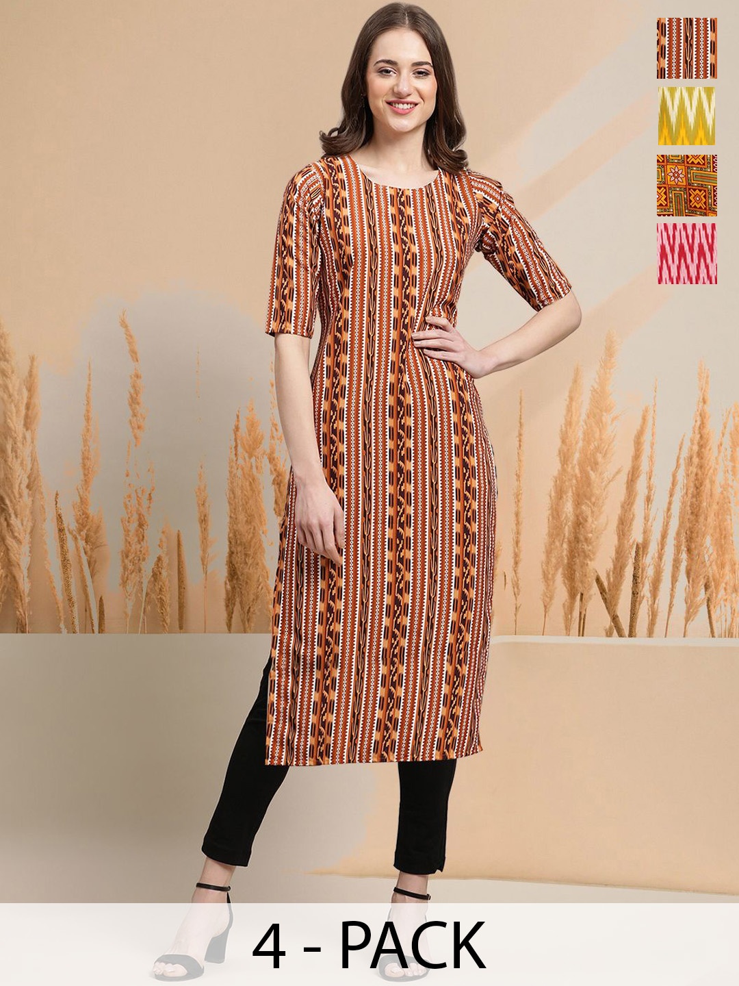 

7Threads Selection Of 4 Geometric Printed Straight Kurtas, Orange