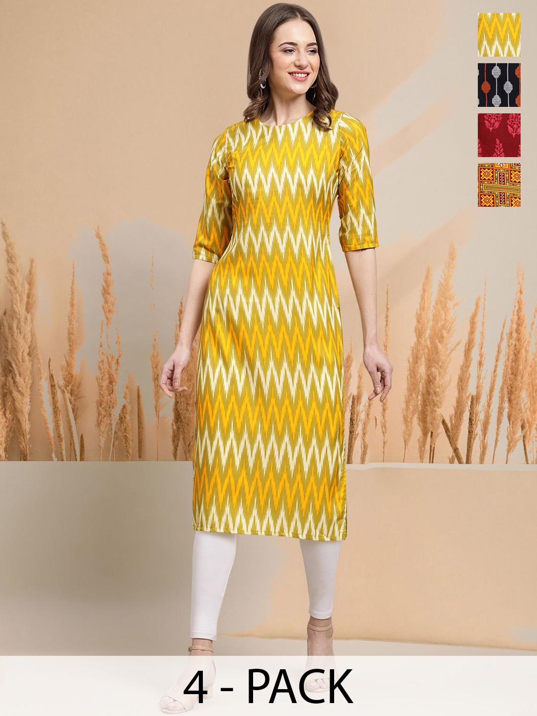 7Threads Selection Of 4 Chevron Printed Round Neck Straight Kurtas, Yellow